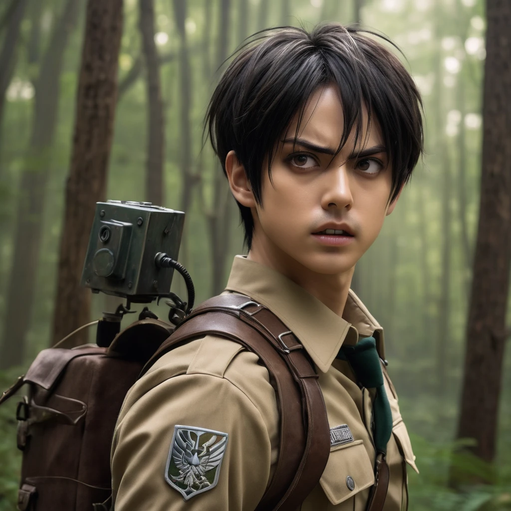 Eren Yeager, live-action style, intense expression, Survey Corps uniform, vertical maneuvering equipment, realistic textures, windswept hair, forest background, action pose, dynamic movement, high detail, dramatic lighting, cinematic."