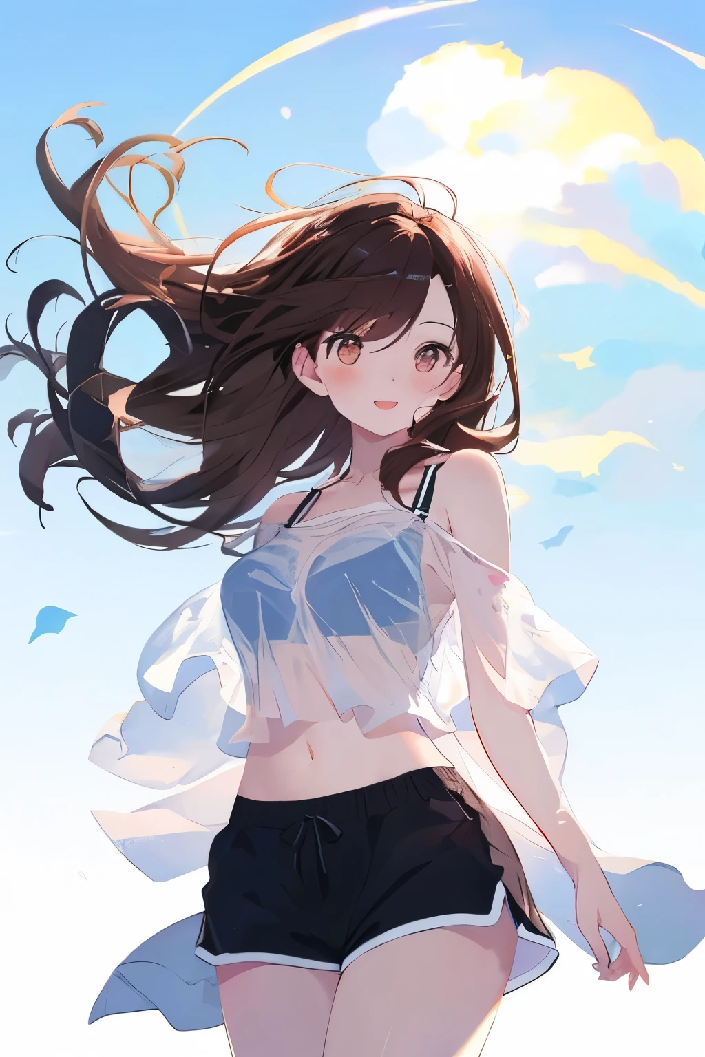 best quality, masterpiece, (独奏:1.2), (1 Female:1.2)、Age 25、Larger breasts、(Slender figure)、(Push out your chest)、(Thighs)、(side)、belly button、(Dynamic)、(See-through clothing:1.2)、Sleeveless tops、Off-the-shoulder tops、Light colored shorts、(White highlight in pupil:1.2)、Reddish brown eyes、(Black-haired:1.2)、(Long Hair)、(View your viewers:1.2)、White skin、(blush)、(Lively expression)、(I blur the background a lot to make the woman stand out.:1.3)、(Half backlight)、(Abstract style background)、A background that gives a sense of wind and momentum、(blue sky)、cumulonimbus