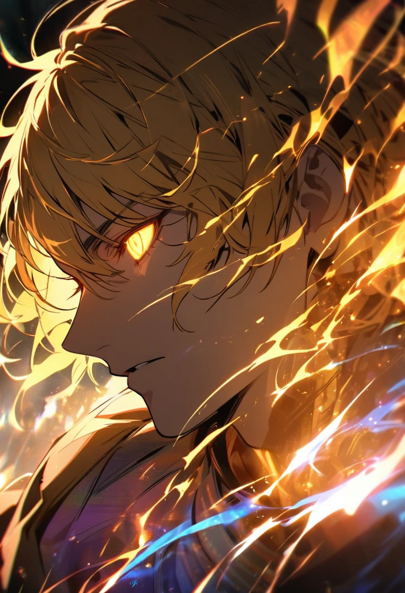 male, solo, handsome, blond hair, god, god eyes, glowing eyes, light, aura, holo, golden, side view, face close