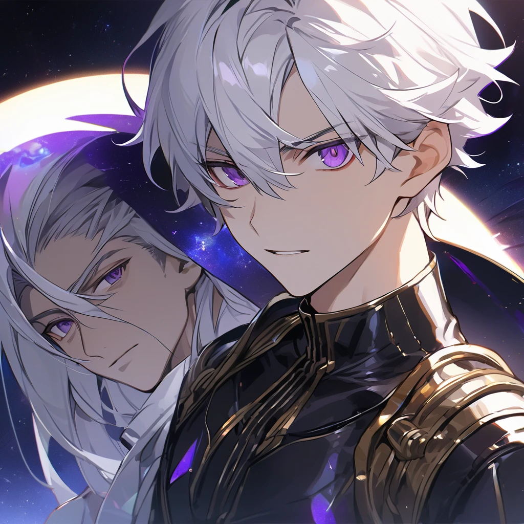 High quality, HD, 4k, no shadows, handsome male, 1elfmale, Elf, 17 years old, teenager, golden lining, Light blue platinum hair, sharp eyes, dark blue eyes, blue eyes, deep blue eyes, devil may cry, close up, calm expression, stoic expression, black leather clothes, white leather clothing, lean body, well trained body, upper body, looking at viewer, cowboy shot, white solar, space background