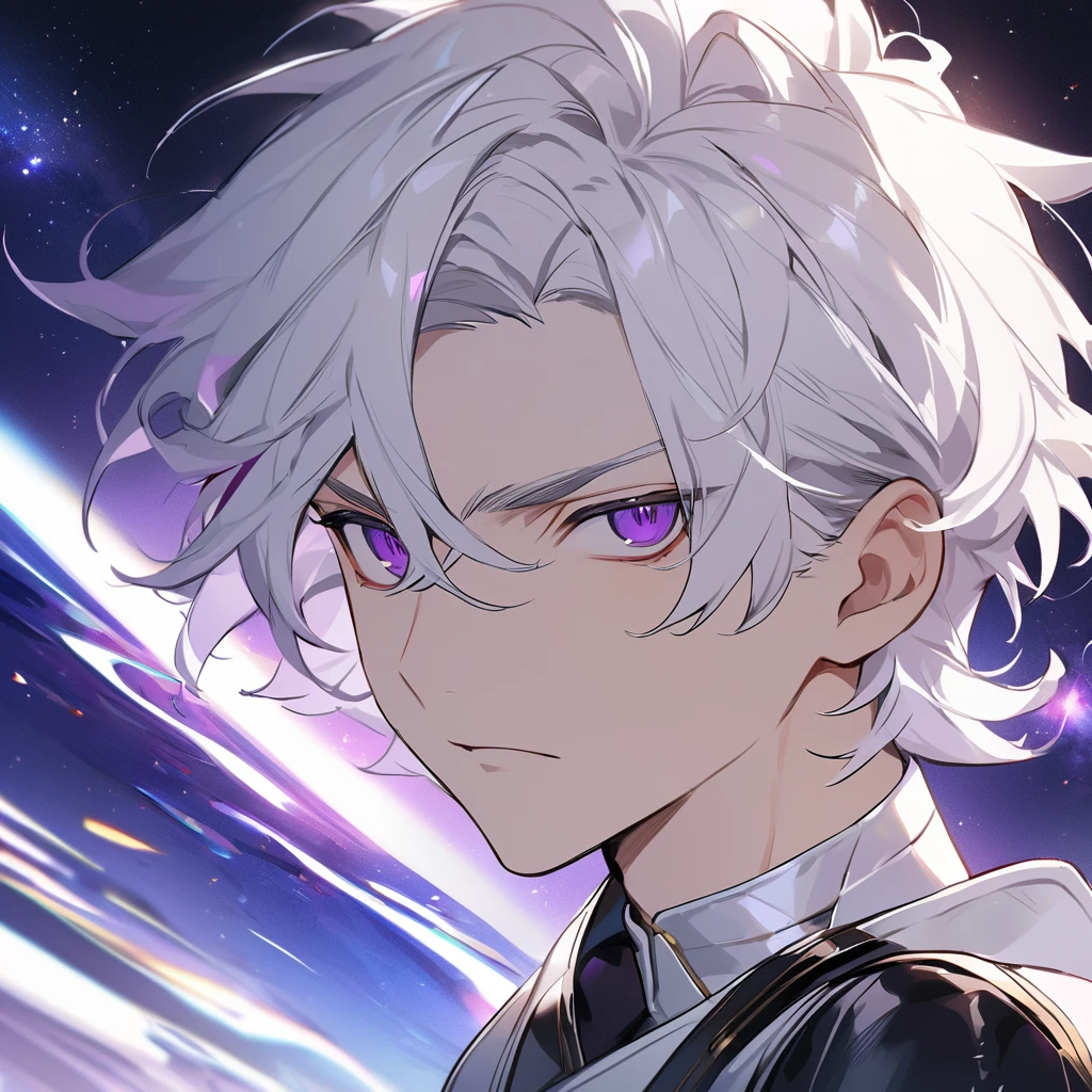 High quality, HD, 4k, no shadows, handsome male, 1male, 17 years old, teenager, golden lining, short white hair, sharp eyes, dark purple eyes, deep purple eyes, devil may cry, close up, calm expression, stoic expression, black leather clothes, white leather clothing, lean body, well trained body, upper body, looking at viewer, cowboy shot, white solar, space background