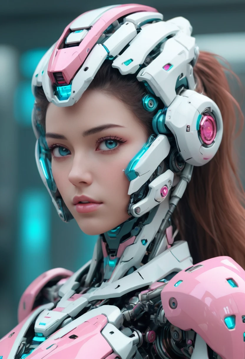 A woman, beautiful face, mecha body, (white, pink, cyan). best quality, masterpiece, Ultra high detail, 8k