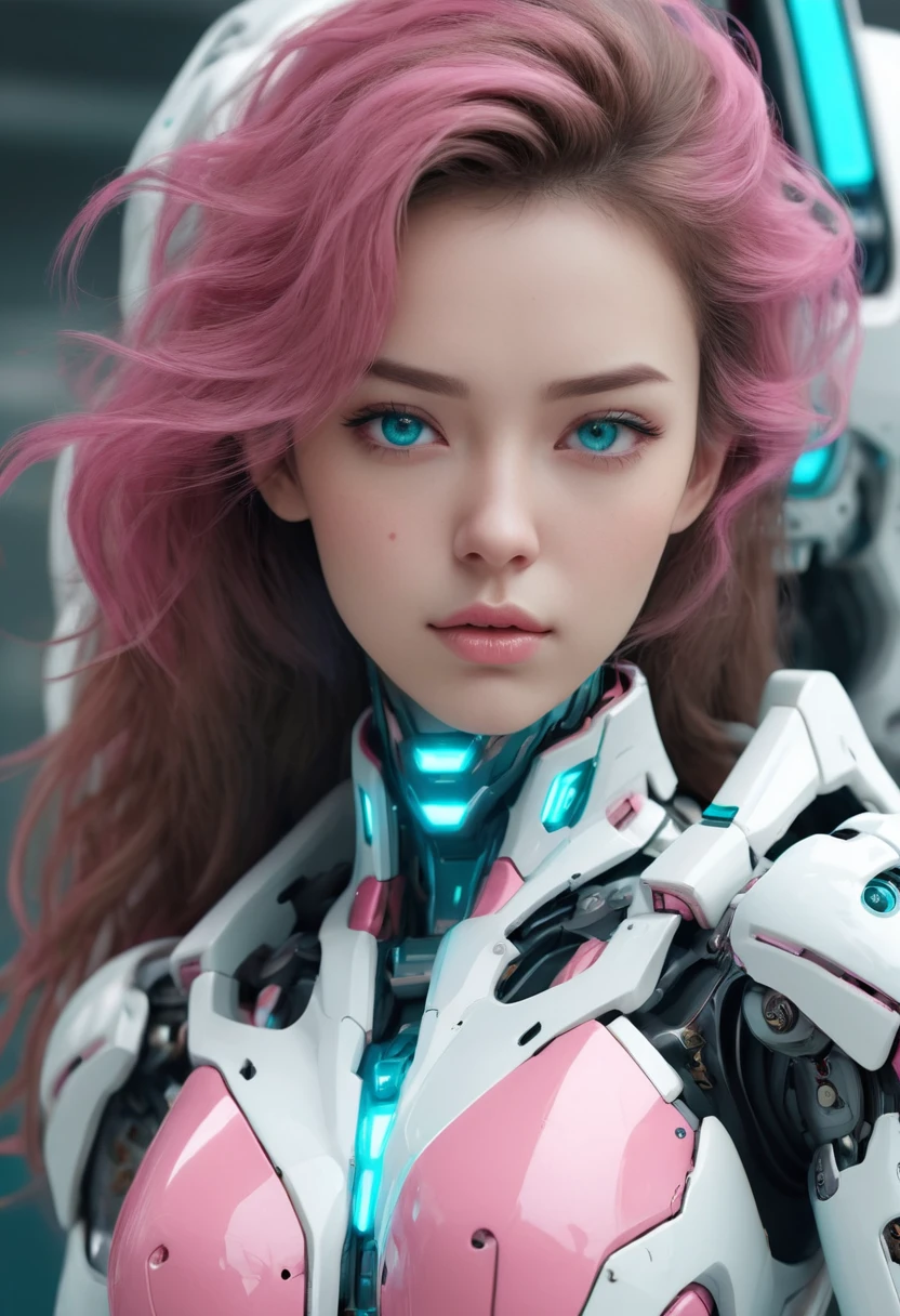 A woman, beautiful face, mecha body, (white, pink, cyan). best quality, masterpiece, Ultra high detail, 8k