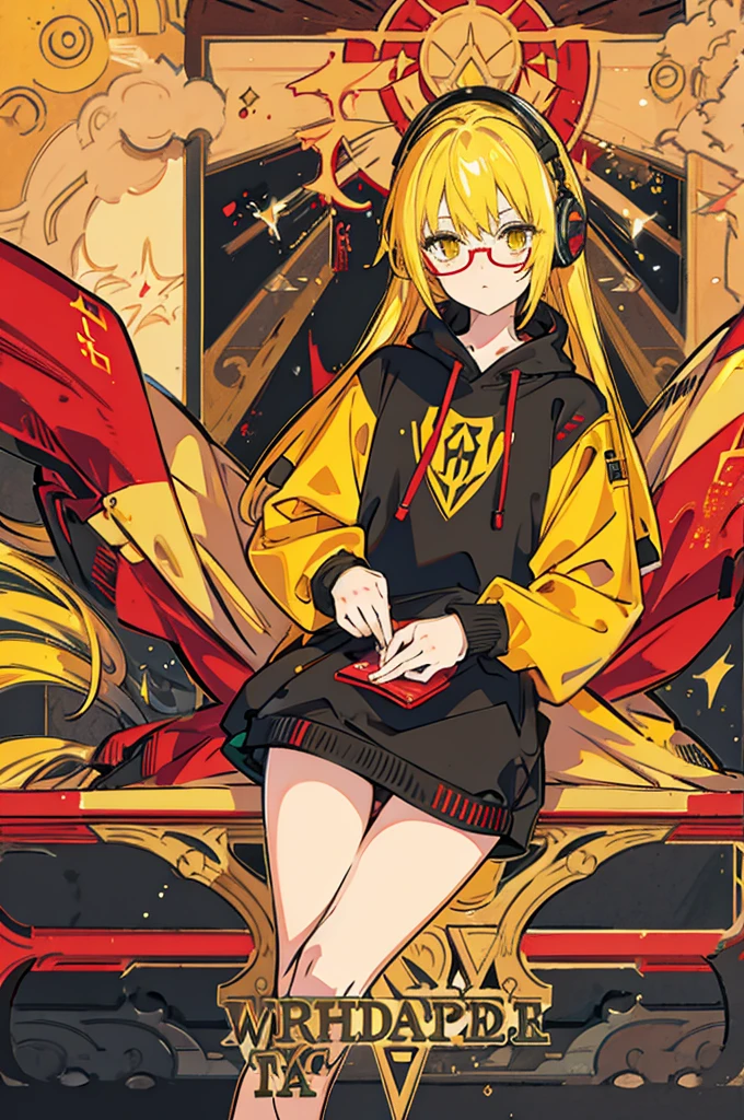 yellow hair, yellow eyes, black glasses, red headset, red jumper