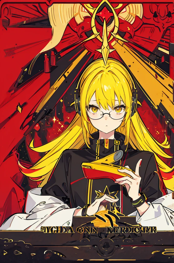 yellow hair, yellow eyes, black glasses, red headset, red jumper