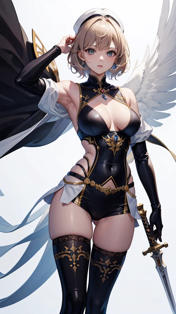 (masterpiece, 4K ,Super detailed:1.2), (anime:1), whole body側面図, jRPG Characters, jRPG Characters art, RPG Characters, Strong women, tall, Holding a sword, View Viewer, short hair, Knight Commander, (Medieval), whole body, (Perfect quality), Pure white background, Lots of white space, whole bodyが写っている, whole body写真