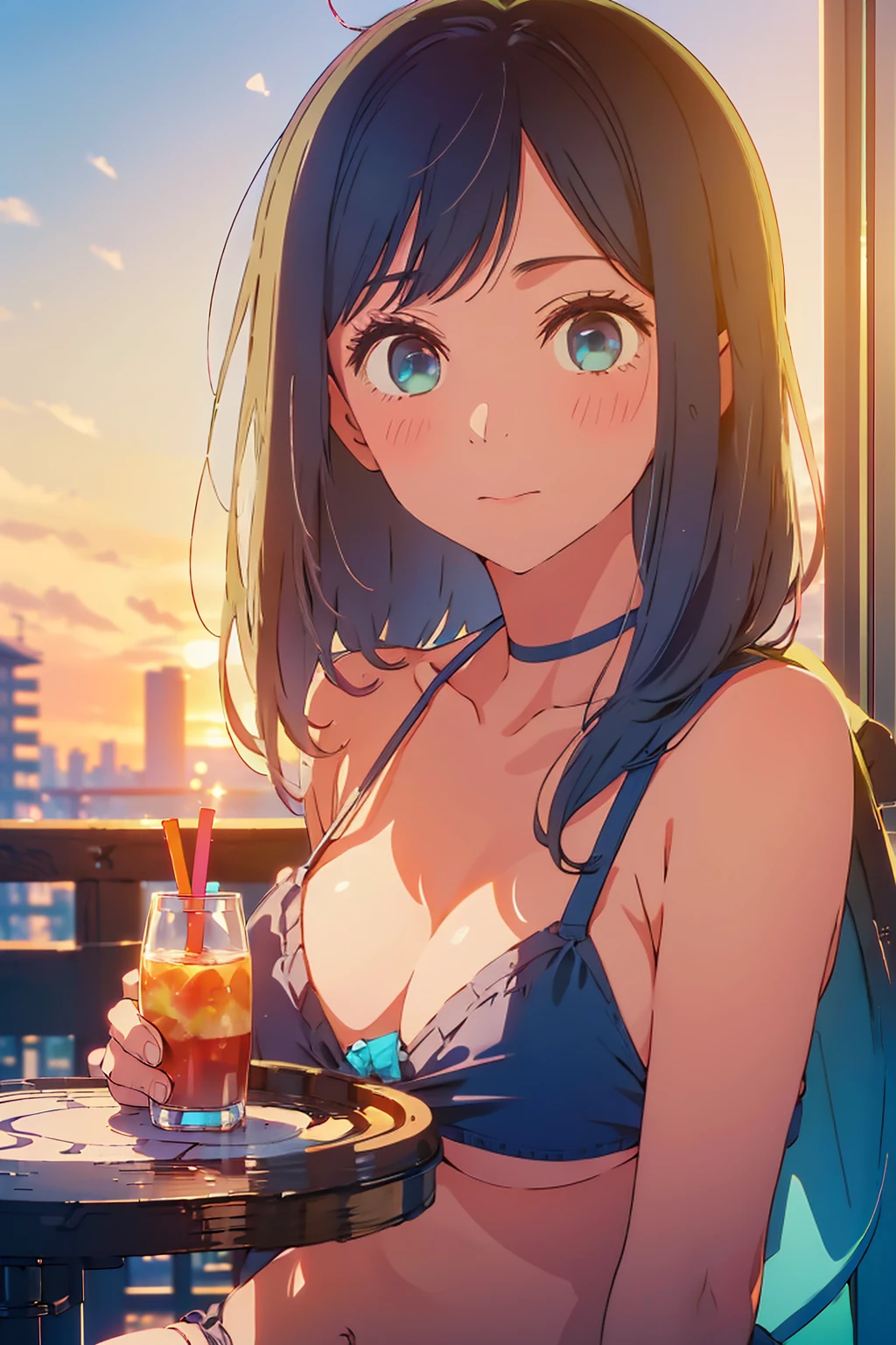 (Highest quality:1.4、masterpiece:1.4、Super detailed:1.4、8K:1.4)、F cup bust、Big Breasts、Slim body、((((1 person、Surprised expression、sit、In the background are the urban buildings of Tokyo、Looking at the camera、Outdoor café terrace、Sunset Beach、Navy hair color、Photographing the upper body、juice、table、sunset、Very cute face))))、(Plain bikini size small:1.4)、Big eyes、((((Shallow depth of field))))、Holding a glass