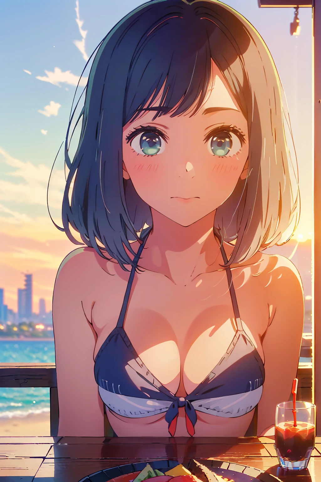 (Highest quality:1.4、masterpiece:1.4、Super detailed:1.4、8K:1.4)、F cup bust、Big Breasts、Slim body、((((1 person、Surprised expression、sit、In the background are the urban buildings of Tokyo、Looking at the camera、Outdoor café terrace、Sunset Beach、Navy hair color、Photographing the upper body、juice、table、sunset、Very cute face))))、(Plain bikini size small:1.4)、Big eyes、((((Shallow depth of field))))、Holding a glass