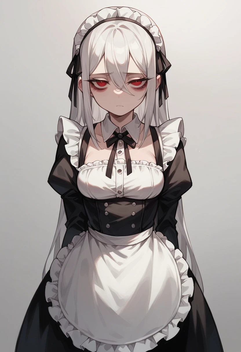 Long white hair　Red eyes　Maid clothes　Dark circles under the eyes　Tired look