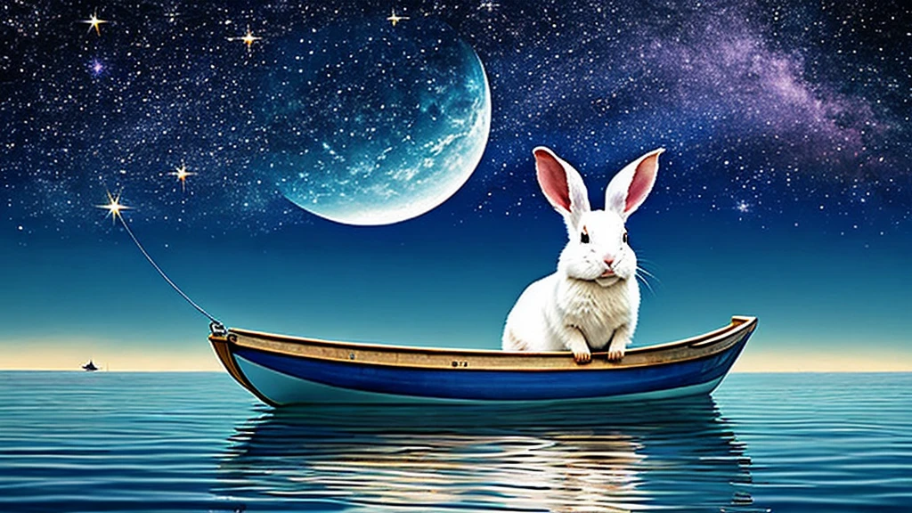 The painting depicts a peaceful, dreamy night scene in a small wooden boat floating on calm water, with a large, cute white rabbit sleeping comfortably on its back in the boat. The rabbit's face is extremely cute, its eyes closed and smiling slightly, depicted in a 3D, photorealistic style, adding to the tranquility and comfort of the entire scene. The rabbit is depicted large in the center of the boat, wearing plain, comfortable pajamas. The rabbit is not in the water, and there are no oars in the boat, nor is the rabbit holding any oars. There should be no oars visible anywhere in the image. The rabbit's ears, body, hands, and feet should not touch the water and should be clearly within the boat. The water surface is incredibly realistic, calm without any waves, and cleanly reflecting the moonlight and stars. In the background, a sailboat with its sails unfurled drifts silently on the water under a star-filled sky. The moon and stars illuminate the scene, casting a soft, magical glow. The overall composition and color palette create a fairy-tale atmosphere, emphasizing peace and relaxation. The time of day is midnight, with a dark sky filled with shining stars. There is no light other than the natural moonlight and starlight. No artificial lights such as candles, lanterns, or any other artificial light sources are present, either in the boat or on the sea. The colors are vivid and photographic, with a strong emphasis on the deep black and purplish hues of the night sky. There should be no forest, trees, or any other land elements; the background should depict a vast, expansive sea. Only one rabbit should be present in the image, and the rabbit should appear even cuter. There are no creatures in the water.