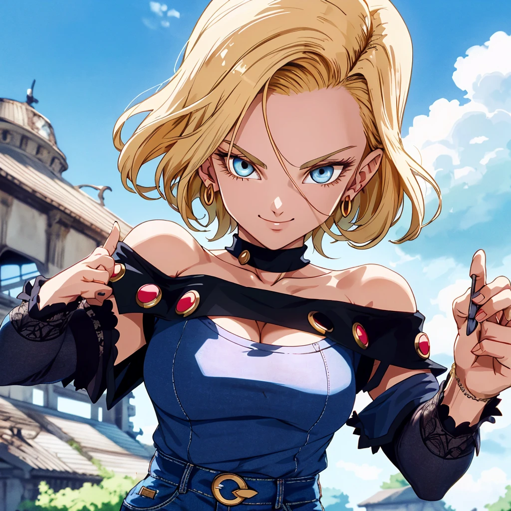 masterpiece， The best quality at its best， Super detailed， Absurd， Portrait Beautiful Android 18 DB， solo， 耳Nipple Ring， gem， (Off-the-shoulder outfit:1.5)，Cleavage， Upper body close-up，smile， String， Best， cloud， Sky Sky， Daisy， Exterior，Denim Super Shorts，Highest quality， masterpiece， Intricate details， Tone Mapping， Sharp focus， Super detailed， Art stati is trending，