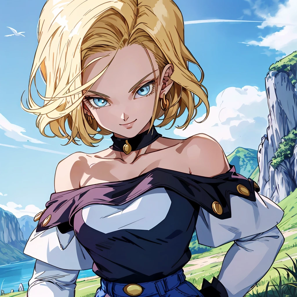 masterpiece, The best quality at its best, Super detailed, Absurd, Portrait Beautiful Android 18 DB, solo, 耳Nipple Ring, gem, (Off-the-shoulder outfit:1.5),Cleavage, Upper body close-up,smile, String, Best, cloud, Sky Sky, Daisy, Exterior,Denim Super Shorts,Highest quality, masterpiece, Intricate details, Tone Mapping, Sharp focus, Super detailed, Art stati is trending,