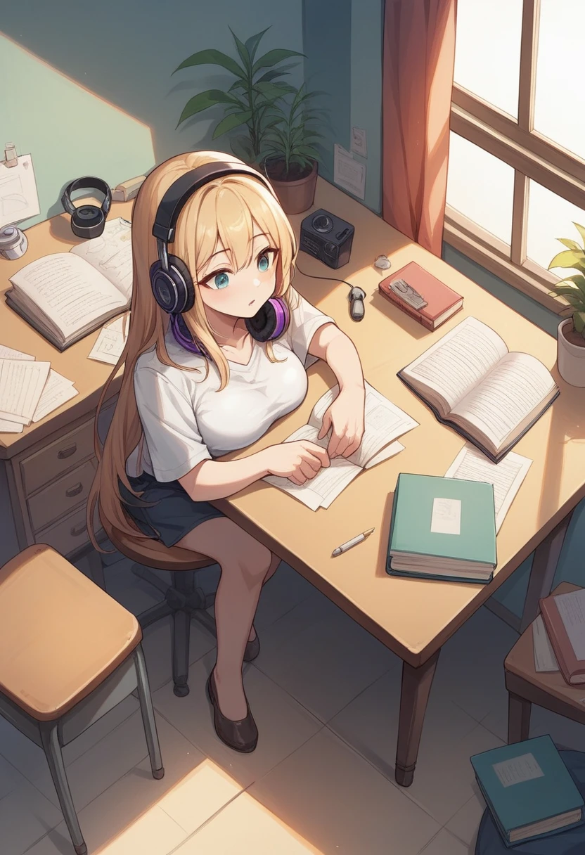 “Create a LoFi anime-style scene featuring a girl in her bedroom. The scene progresses through different activities. Initially, the girl is lying on her bed with headphones on. Next, she stands up with the headphones still on and starts cleaning the apartment. After that, she is shown ironing clothes. Finally, she is sitting at a desk or in an armchair, reading a book without the headphones. The room is spacious and beautifully decorated. The camera perspective should be slightly from above, like a bird’s eye view, to give an overview of the room and the girl’s activities.”