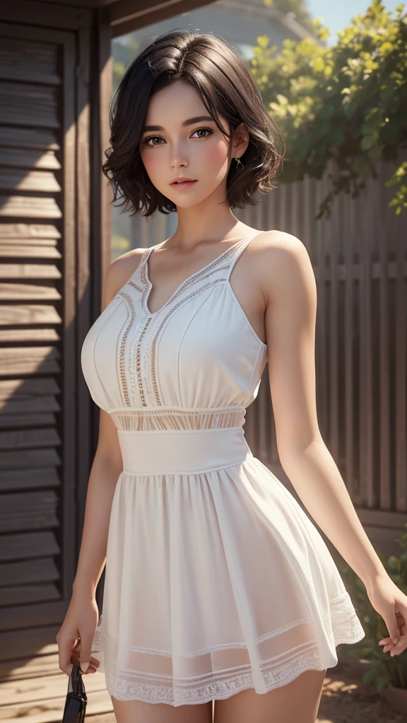 One girl, cowboy shot of beautiful There is, View your viewers, White Dress, Black Hair, blush, short hair, Sports Day Night, Volumetric lighting, Highest quality, masterpiece, Intricate details, Tone Mapping, Sharp focus, Super detailed, Trending on Art Station, There is, Realistic