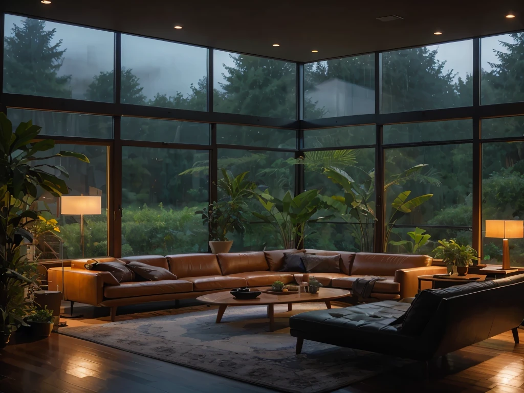 A cozy living room with large windows