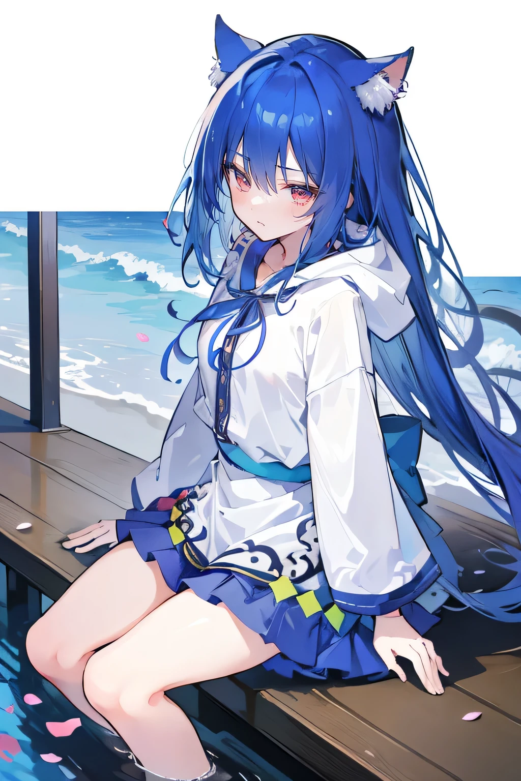 （masterpiece：1.2），Super detailed，lifelike，Expressive eyes，fair skin，perfect face shape，1 girl，
Japanese comics,Gorgeous blue hair,flowing blue hair,flowing clothes,Cat ears,Petals fall,beautiful lola,Baby Angel,sunrise,
Shaking head with one hand，Cross your legs，Gentle and peaceful background，The pavilion is cool and comfortable,smile, wearing hoodie, background of tokyo,back views,snowing, winter，seaside，wet clothes，A smile，A faint smile，。