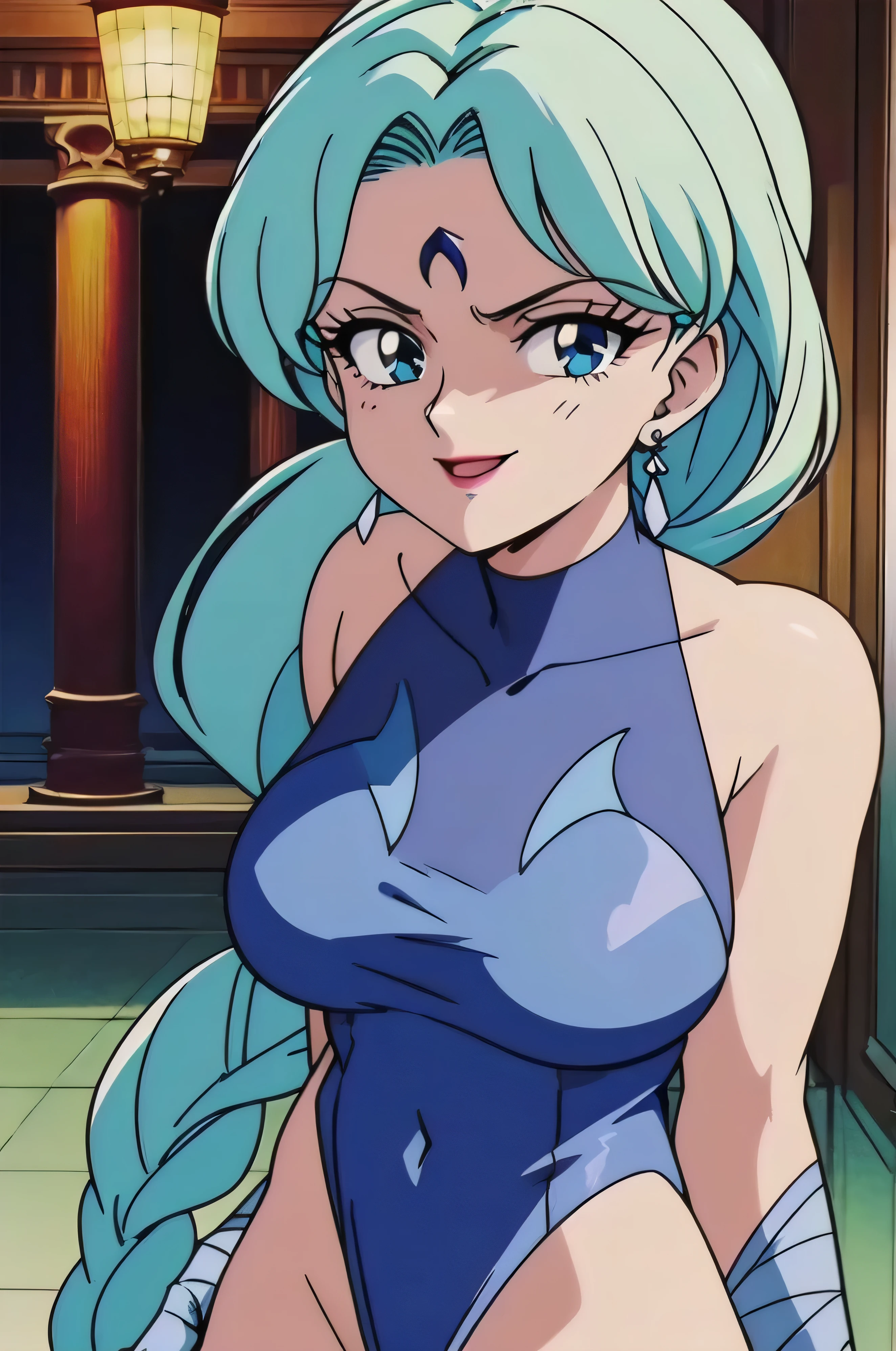 1girl, solo, facing viewer, looking down at viewer,,evil smile, BERTIE,,Highly detailed CG Unity 8K wallpaper, perfect lighting,official art,,(beautiful_face:1.5),(narrow_waist),,Highly detailed CG Unity 8K wallpaper, perfect lighting, anime screencap, retro artstyle, anime coloring, traditional media,evil huge laugh,lipstick,sadistic smile,deep shaded face,single braid,smile worst,worst ridecule,evil moukery,,one braid,lightblue leotard,two hands,five fingers,lightblue bandage gloves,