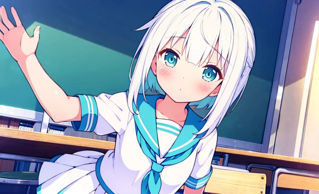 (masterpiece), classroom, 1girl, medium hair, white hair, (aqua eyes:1.2), (white sailor collar:1.2), serafuku, white skirt, pleated skirt nsfw show panties