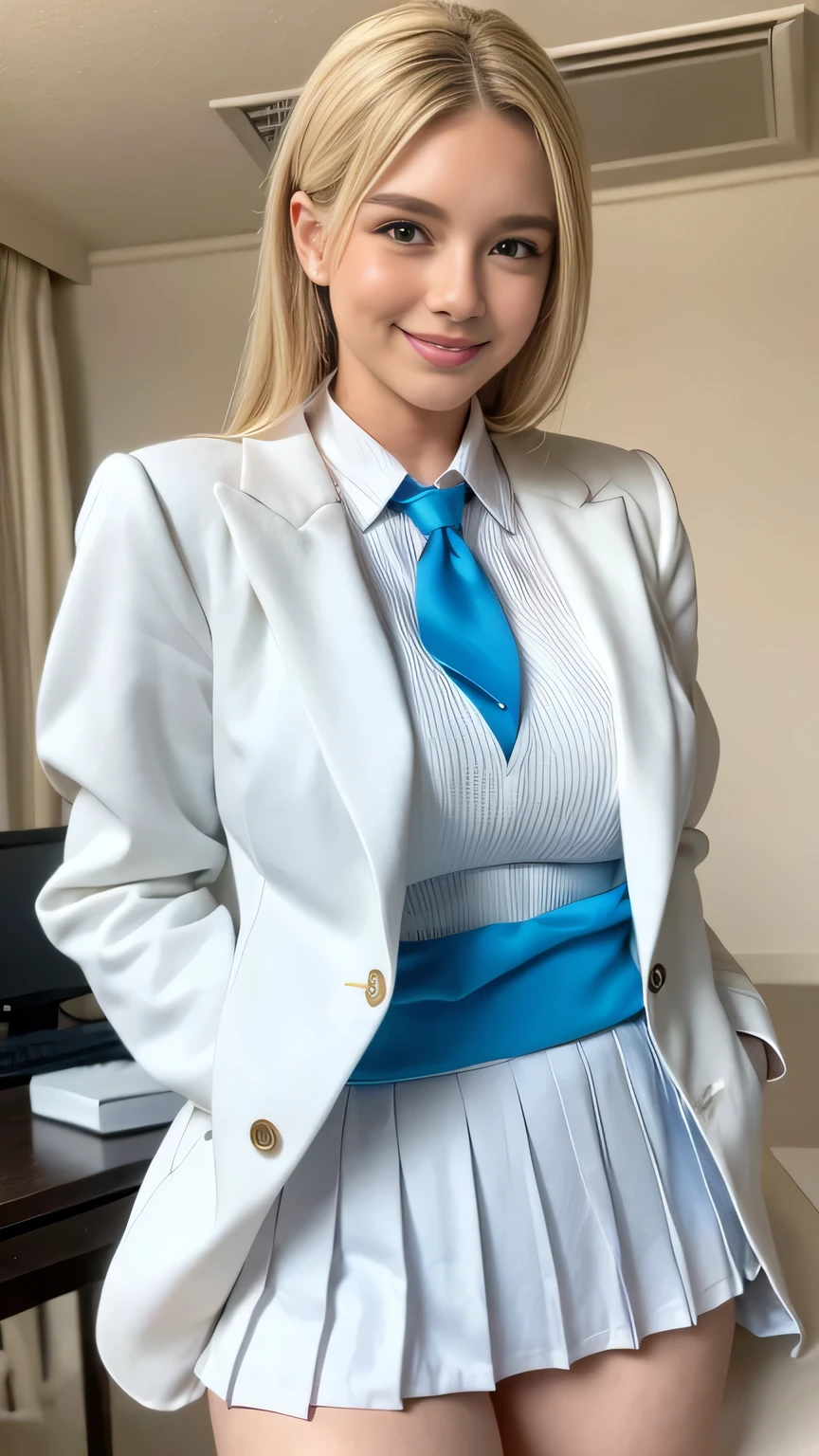 masterpiece, best quality, ultra-detailed, 1girl, aris, white jacket, white shirt, blue necktie, pleated skirt, halo, indoors, smile 