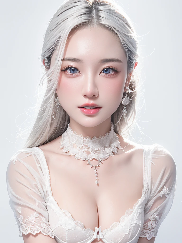 White Background、Professional Lighting、(((Professional Lighting 1.5)))、Translucent skin texture、Beautiful Skin、Beautiful Skin、、(((Whitening 1.5)))、、、音符のEcstasy、((Nude 1.5))、、Mid-shot photo、Simple earrings and necklace、((white hair))、Tie your hair up、sex appeal、Sex Appeal、Ecstasy、(((Put your hands together above your head 1.8))、