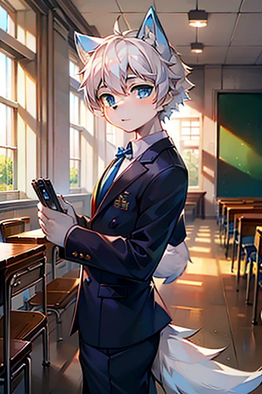 One Chico, Wolf, White hair and fur，Blue ears, young people, blue eyes, Neat hair，School，Sunlight，classroom，Hold the camera，Uniforms，masterpiece