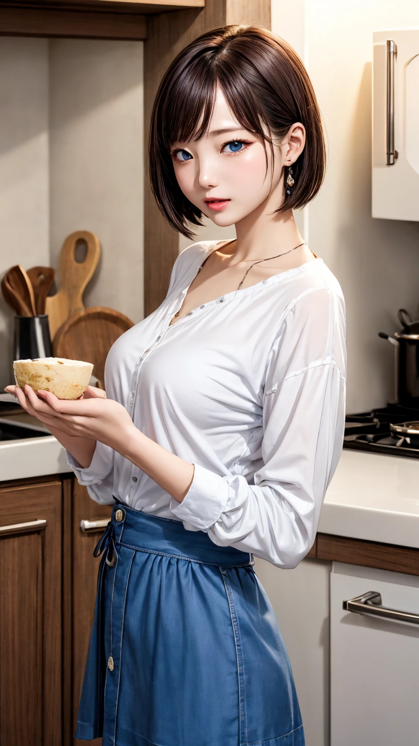 Young wife in the kitchen、Super detailed、Particles of light:0.5、Shiny and smooth skin texture、Put your hands on the railing、Beautiful clear blue eyes、dorsal position、Mouth half open、Natural Texture、Short Hair、、Mature slender beauty、Small breasts、Dignified face、Boyfriend Shirt