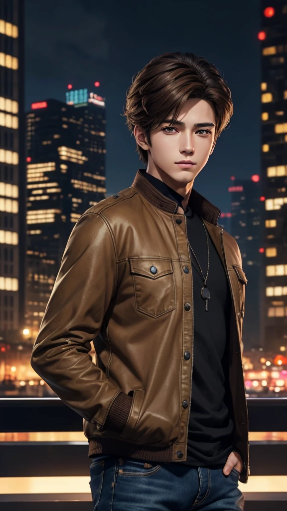 Anime, masterpiece, best quality, extremely detailed, hyperrealistic, photorealistic, Anime young boy 20 years, brown modern jacket, jeans, perfect face, hairstyle "Curtains",  brown hairs, realistic skin, ultra detailed face:1.1, modern city, night, megapolis