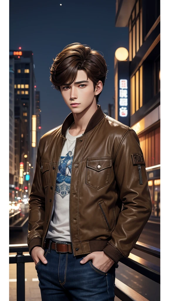 Anime, masterpiece, best quality, extremely detailed, hyperrealistic, photorealistic, Anime young boy 20 years, brown modern jacket, jeans, perfect face, hairstyle "Curtains", brown hairs, realistic skin, ultra detailed face:1.1, modern city, night, megapolis