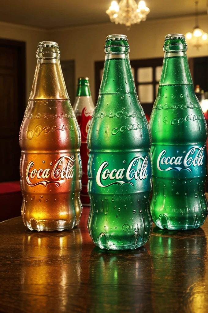 Few cold drink bottles kept on a table in a room and bottle are of Coca-Cola Sprite thumbs up and 7 up