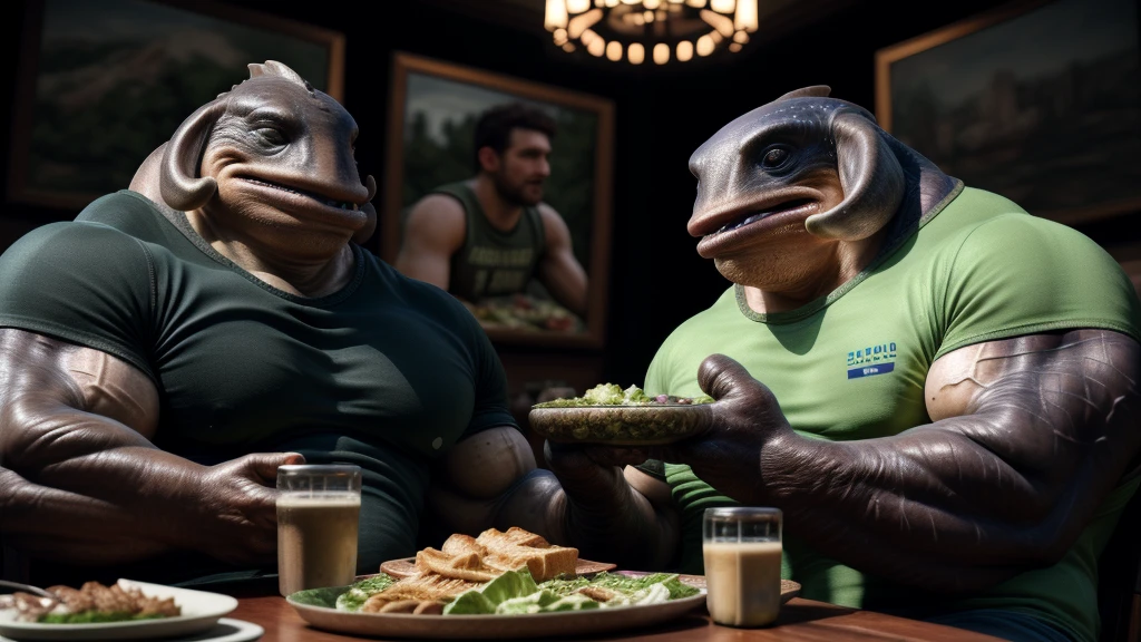 muscular Gantu, huge muscles, 3 fingers, t-shirt, sitting at the table, eating caesar salad with human friends, (best quality,4k,8k,highres,masterpiece:1.2),ultra-detailed,(realistic,photorealistic,photo-realistic:1.37),hyperrealistic,extremely detailed,hyper detailed, vivid colors