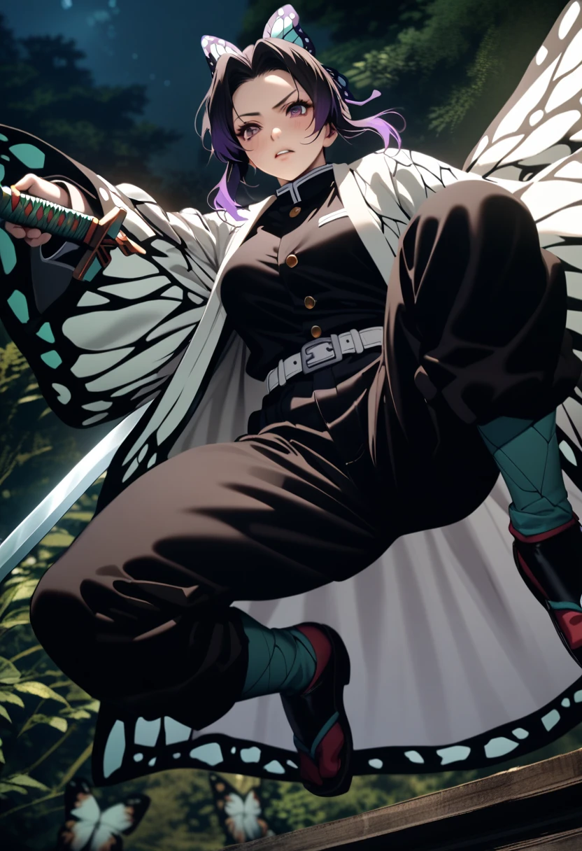 k0ch0ush1n0bu, shinobu kochou, animal print, black hair, butterfly, butterfly hair ornament, butterfly print, forehead, gradient hair, hair ornament, haori, multicolored hair, parted bangs, purple hair, short hair, two-tone hair,belt, black pants, butterfly print, coat, demon slayer uniform, haori, japanese clothes, pants, uniform,,1  japanese muscular girl,perfect hands,perfect anatomy, masterpiece, best quality,realistic, hyperrealistic, 16k hdr,medium breasts,outdoor,night,japanese old garden,(angry:0.8),red blush,dynamic pose,dynamic angle,(jump,in the air:1.2),(from below,spread legs:1.2),(holding japanese sword,butterfly shaped sword guard:1.3) 