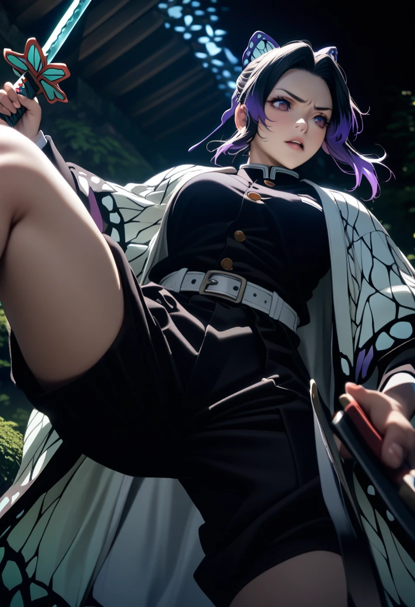 k0ch0ush1n0bu, shinobu kochou, animal print, black hair, butterfly, butterfly hair ornament, butterfly print, forehead, gradient hair, hair ornament, haori, multicolored hair, parted bangs, purple hair, short hair, two-tone hair,belt, black pants, butterfly print, coat, demon slayer uniform, haori, japanese clothes, pants, uniform,,1  japanese muscular girl,perfect hands,perfect anatomy, masterpiece, best quality,realistic, hyperrealistic, 16k hdr,medium breasts,outdoor,night,japanese old garden,(angry:0.8),red blush,dynamic pose,dynamic angle,(jump,in the air:1.2),(from below,spread legs:1.2),(holding japanese sword,butterfly shaped sword guard:1.3) 