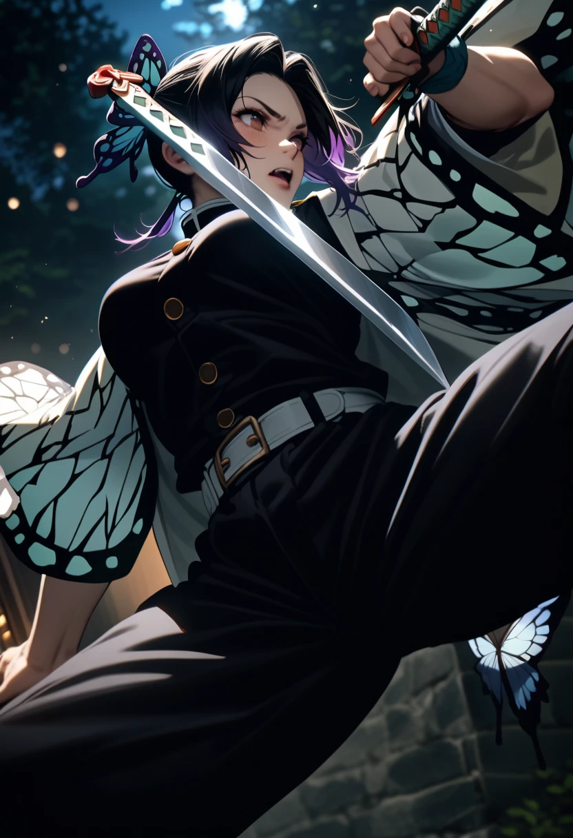 k0ch0ush1n0bu, shinobu kochou, animal print, black hair, butterfly, butterfly hair ornament, butterfly print, forehead, gradient hair, hair ornament, haori, multicolored hair, parted bangs, purple hair, short hair, two-tone hair,belt, black pants, butterfly print, coat, demon slayer uniform, haori, japanese clothes, pants, uniform,,1  japanese muscular girl,perfect hands,perfect anatomy, masterpiece, best quality,realistic, hyperrealistic, 16k hdr,medium breasts,outdoor,night,japanese old garden,(angry:0.8),red blush,dynamic pose,dynamic angle,(jump,in the air:1.2),(from below,spread legs:1.2),(holding japanese sword,butterfly shaped sword guard:1.3) 