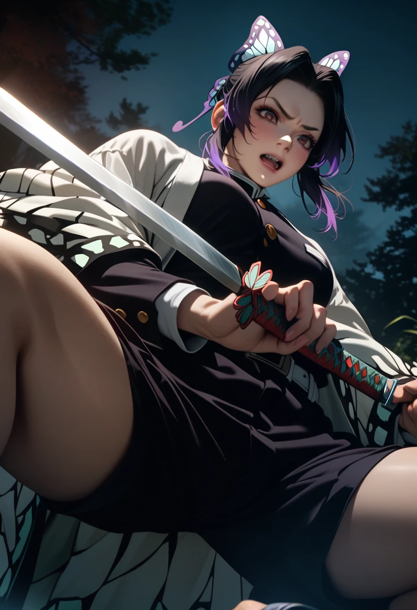 k0ch0ush1n0bu, shinobu kochou, animal print, black hair, butterfly, butterfly hair ornament, butterfly print, forehead, gradient hair, hair ornament, haori, multicolored hair, parted bangs, purple hair, short hair, two-tone hair,belt, black pants, butterfly print, coat, demon slayer uniform, haori, japanese clothes, pants, uniform,,1  japanese muscular girl,perfect hands,perfect anatomy, masterpiece, best quality,realistic, hyperrealistic, 16k hdr,medium breasts,outdoor,night,japanese old garden,(angry:0.8),red blush,dynamic pose,dynamic angle,(jump,in the air:1.2),(from below,spread legs:1.2),(holding japanese sword,butterfly shaped sword guard:1.3) 