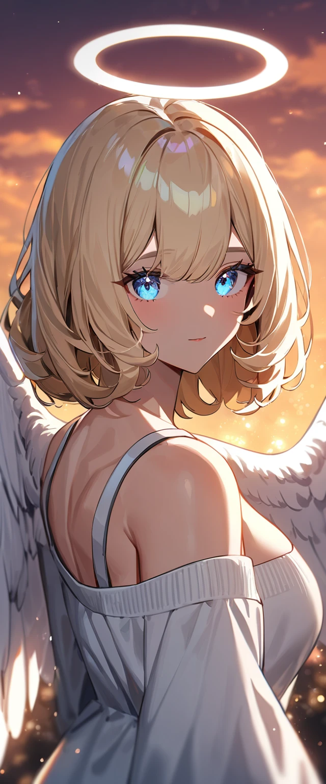 (((One girl))), (((upper body))), ((flying)), ((angel, big big white wings:1.2, halo:1.3)), Uriel, ((wavy hair, outward curled hair)), evening, Sunset, ((blond hair, bob cut:1.3)), big breasts, teenager, (looking at viewer), oversized clothes, puffy long sleeves, collarbone, ((off-shoulder sweater dress:1.3, Quite thick shoulder straps)), (((sleeves past wrists:1.3))), ((white sweater)), collarbone, head tilt:1.3, (((blue eye))), ((happy smile)), (((anime style))), (best quality, 4K, 8K, highres, masterpiece:1.2, ultra-detailed, ultra-detailed eyes, HDR, uhd, studio lighting, ultra-fine painting, sharp focus, physically-based rendering, extreme detail description, professional, vivid colors, bokeh), ((Highest quality, Best image quality, Ultra-high resolution, Ultra-high resolution, solo, Strong eye highlights)), Depth of written boundary, Natural soft light, attractive, Beautiful Face, Cleanliness, Pure Face, medium chest, Beautiful Face, Perfect Fingers, Perfect hands, Perfect body, Perfect Face, Shine a light into your eyes, Perfect Anatomy