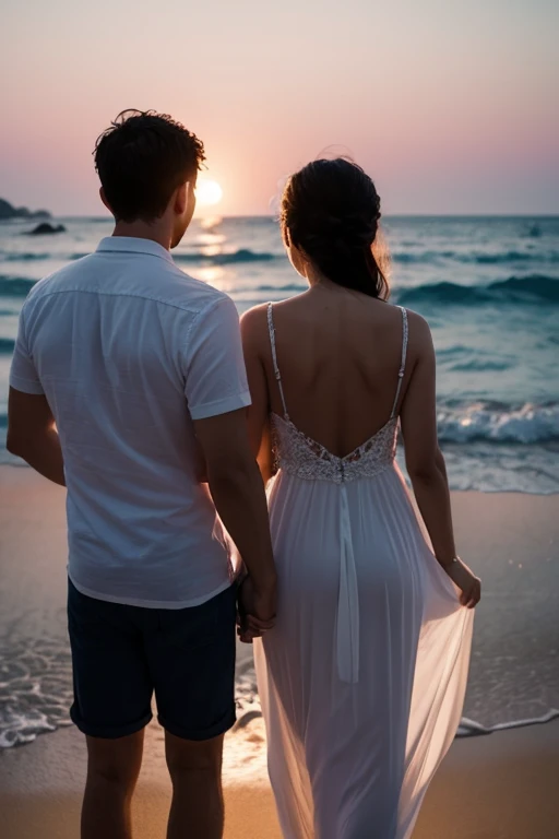 Back view of a couple in their 30s on a beach at night
