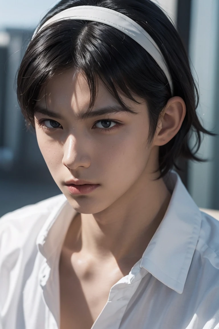 (exceptional, best aesthetic, new, newest, best quality, masterpiece, extremely detailed), 1boy, solo, harimakenji, hairband, looking_at_viewer, annoyed, serious, close-up, sky,white_shirt,