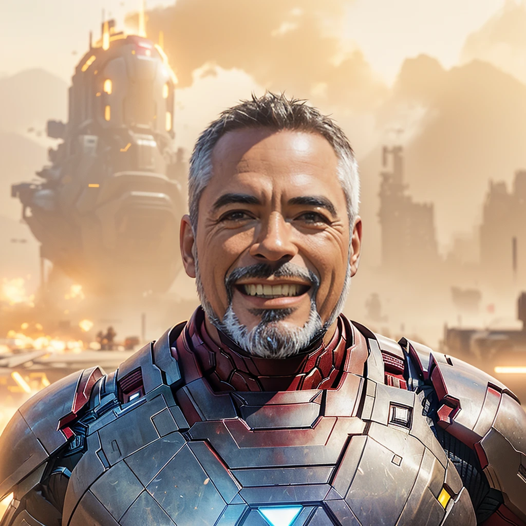 a hyper realistic middle aged man, smiling face, short hair, wearing an avenger iron man costume, straight face, looking directly at the camera, masterpiece, photorealistic, 8k, hyper detailed, cinematic lighting, dramatic shadows, vibrant colors, high contrast, unreal engine, digital art, concept art