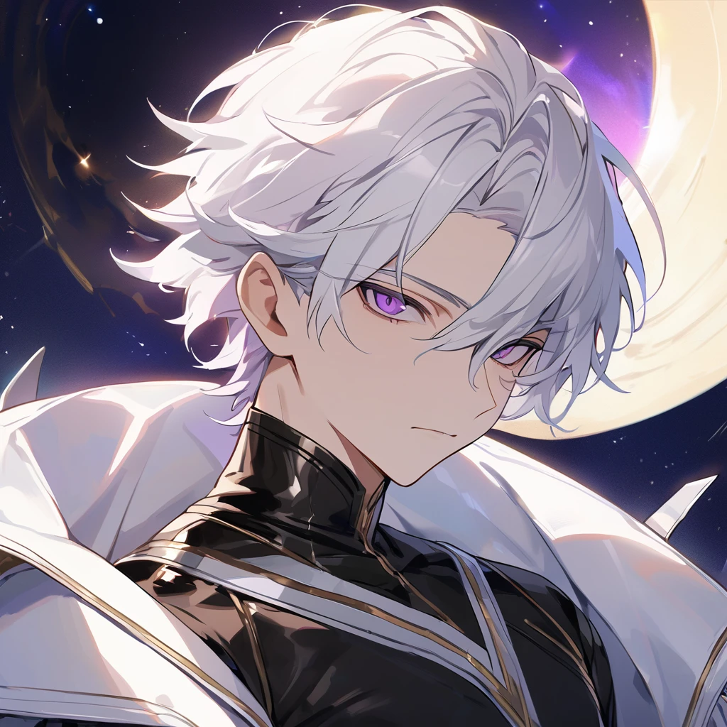 High quality, HD, 4k, no shadows, handsome male, 1male, 17 years old, teenager, golden lining, short white hair, sharp eyes, dark purple eyes, deep purple eyes, devil may cry, close up, calm expression, stoic expression, black leather clothes, white leather clothing, lean body, well trained body, upper body, looking at viewer, cowboy shot, white solar, space background