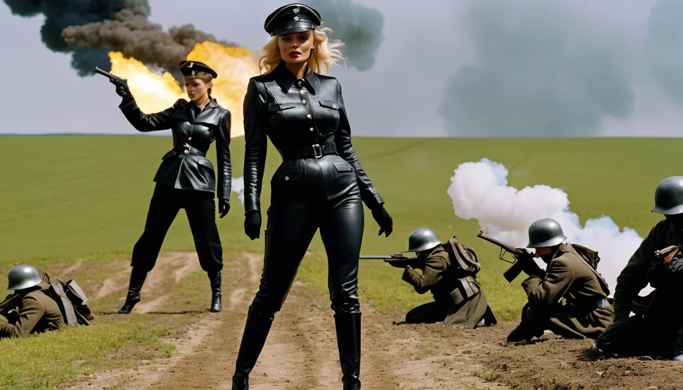 realistic photo , WWII Pamela anderson standing shooting pistol , wearing black shinny pvc german uniform , black shinny pvc catsuit , wearing shinny pvc thigh high boots , on battlefield with german women soldiers dressed with shinny pvc and gas mask