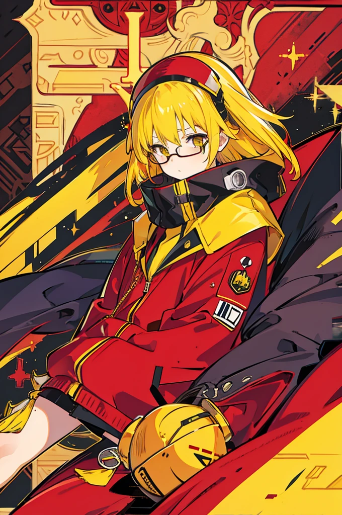 yellow hair, yellow eyes, black glasses, red headset, red jumper, Adonis