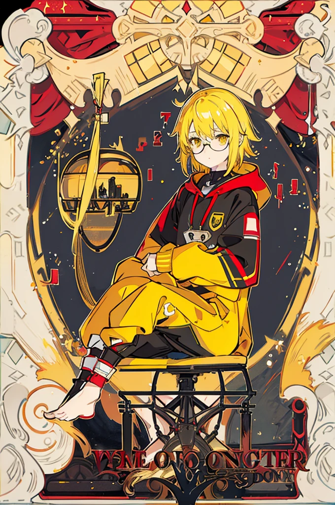 yellow hair, yellow eyes, black glasses, red headset, red jumper, Adonis