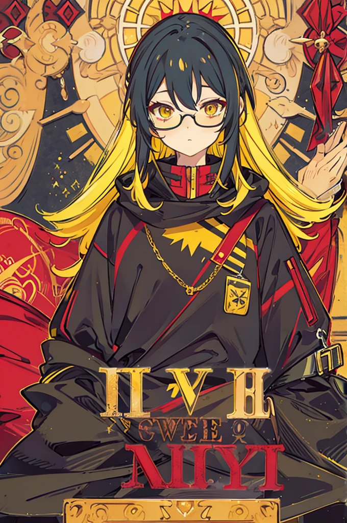 yellow hair, yellow eyes, black glasses, red headset, red jumper, Adonis