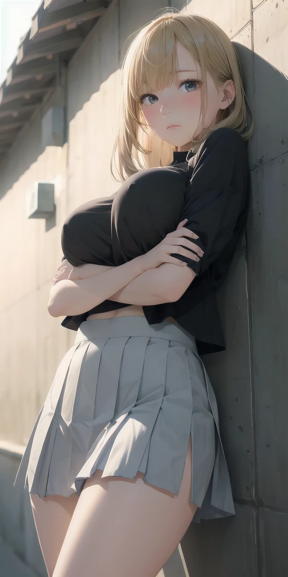 Realistic, Outdoor, 1 wall, Wide-angle,One girl, Blonde、Shortcuts、shy, Embarrassing, Blushed, Troubled face、Angry face、Wide-angle, throw, From below, high school girl、2 hands up,Handcuffs on both hands、 Hands chained to the wall, Leaning against a wall, 、Pleated mini skirt、(Torn clothes)、Big Breasts, light, shine, (masterpiece), wallpaper