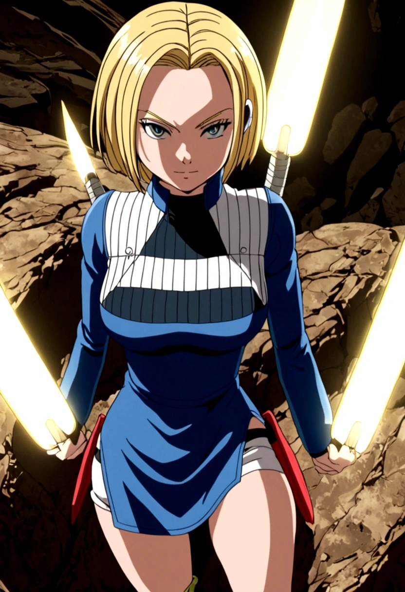 android 18 with a very short skirt, with a serious look, perfect body, blue okos, big breasts, 