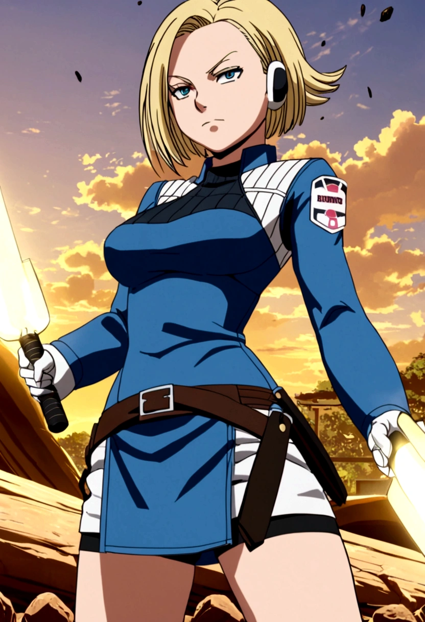 android 18 with a very short skirt, with a serious look, perfect body, blue okos, big breasts, 