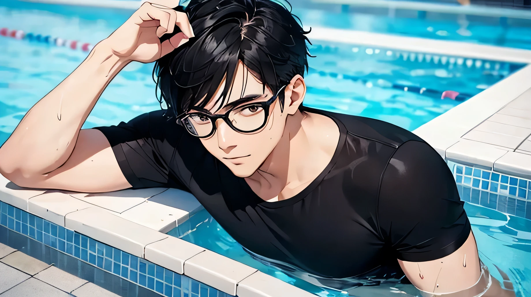 Handsome swimmer Handsome Japanese male models Feeling grown up Fierce Black Hair Very short haircut barefoot Wear glasses The black t-shirt on the upper body is plain Full-body image, upper body in black T-shirt soaked The upper half of his body is soaked with his black T-shirt smile The lower half of the body is white speedo type swimwear. Bulge Swimming Pool looking at the camera Regular glasses Thin frame Arty feel cool The lower half of the body is white speedo type swimwear. Bulge Swimming Pool