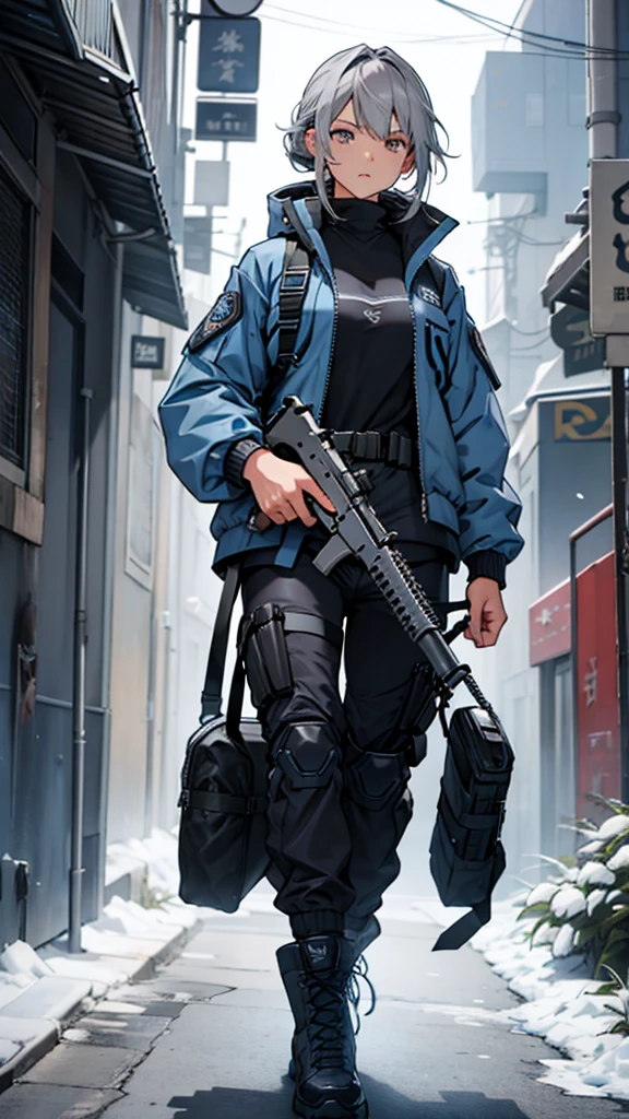 Gray hair inner color blue、Combat Uniform、Ready your gun?、Tactical Jacket、girl