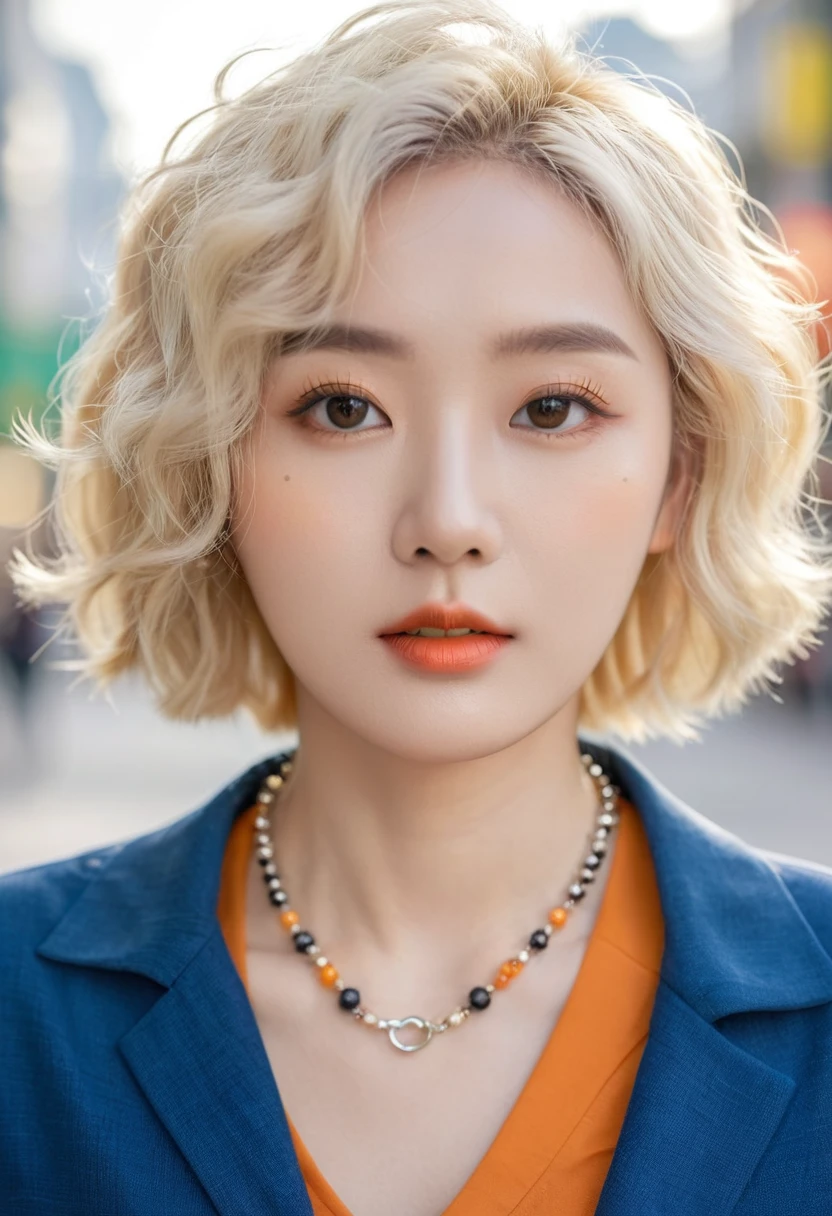 Curly Bob Hairstyle, Platinum blonde haired woman in orange collared shirt posing for photo in the city, 8k Artistic German Bokeh, Well-proportioned body, 美丽的Korean woman, Gorgeous necklace, 年轻漂亮的Korean woman, Soft portrait shots 8 k, Korean Girl, Narrow eyes, Beautiful grey eyes, Chen 8K, Cute young woman, Korean woman, Beautiful blond girl