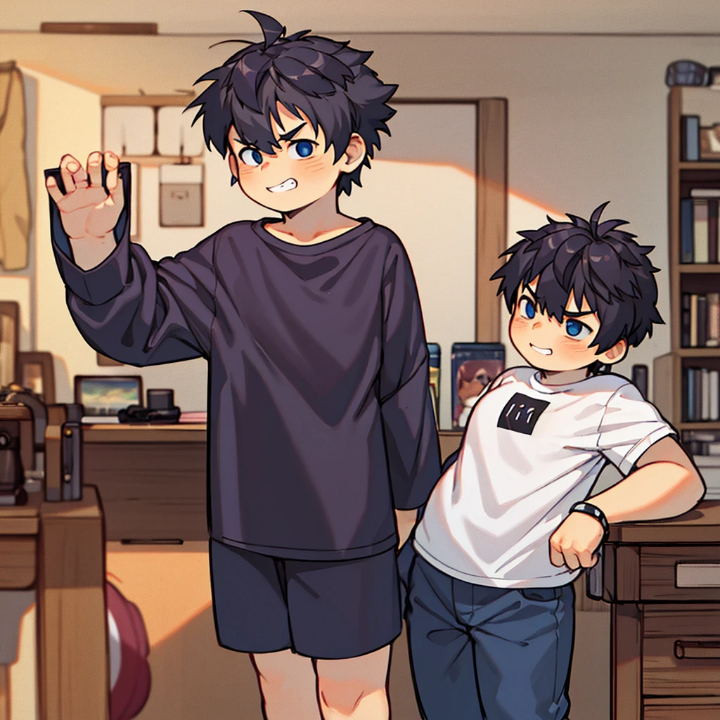 Highest quality, One girl, ((View your viewers)), Dark blue hair, Iris, Very short hair, Spiky Hair, Ahoge, T-Shirts, High Waist Jeans, 171cm, Messy Hair, Hair between the eyes, Medium chest, Large Breasts, plump, Dark Skin, Tomboy, Adult, 20-year-old, One girl, alone, only, Grin, Wide Hips, Thighs, Are standing, Messy room, Bedroom, shelf, dvd, Book, video game, computer, cd, record, VHS Tape,